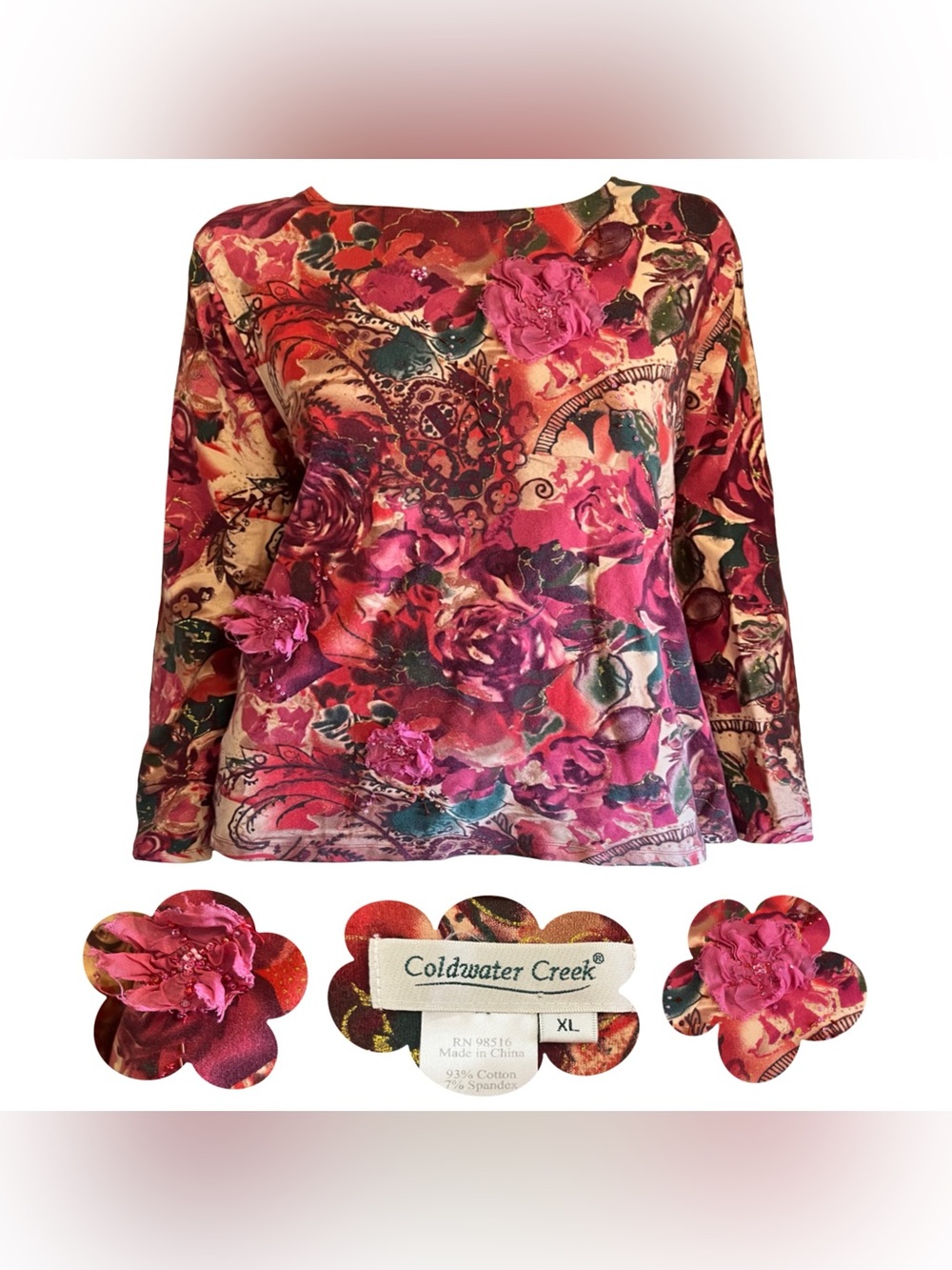 Whimsical Maximalist Red Flower Appliqué Long Sleeve Cotton Top